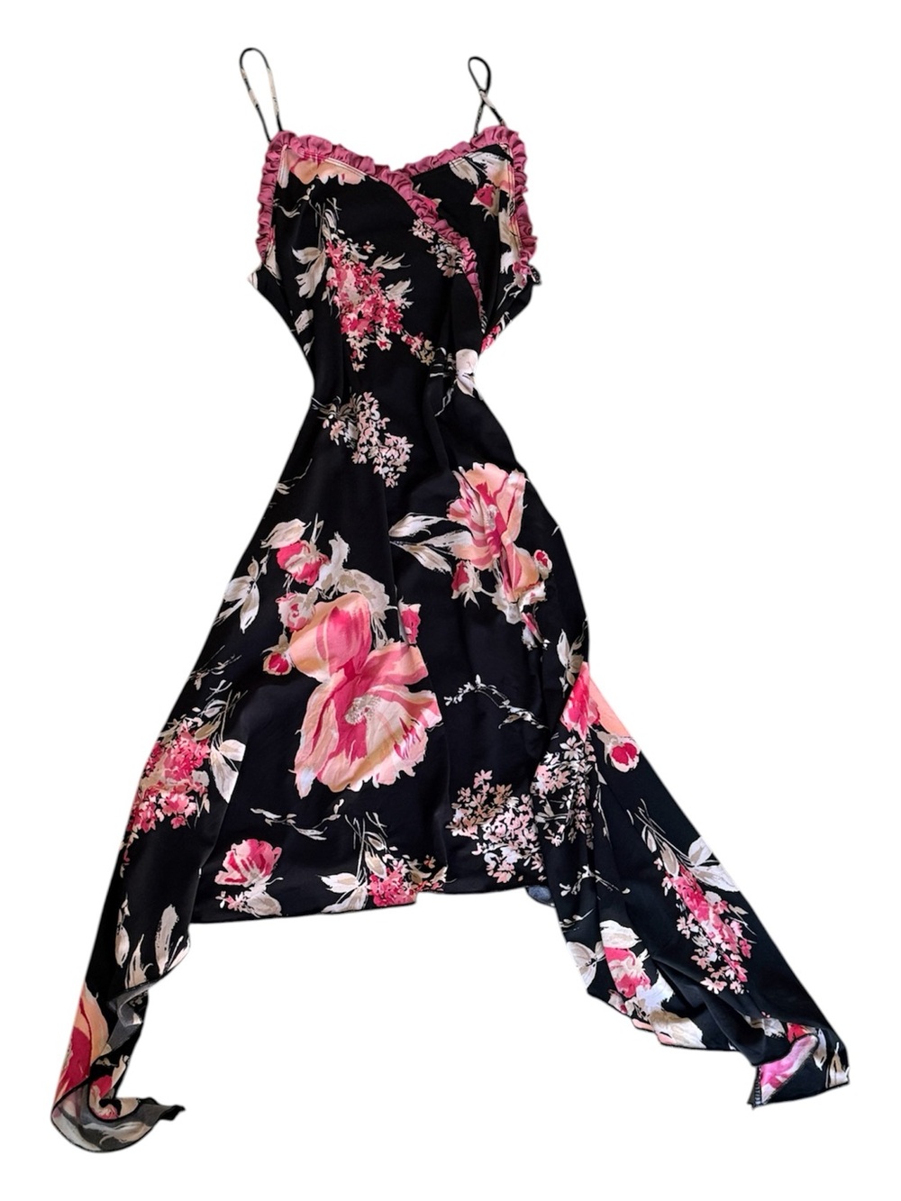 Vintage Black & Pink Floral Slip Dress with Ruffle Trim